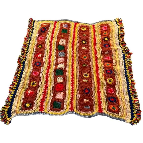 Vintage 70s Handmade Sampler Granny Afghan Crochet Blanket Throw Fringe 38x30 - Picture 1 of 6